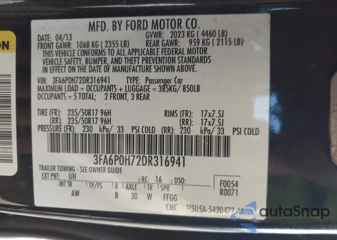 2013 Ford Fusion Se из США, поврежденный, VIN 3FA6P0H72DR316941